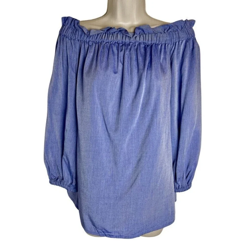 Banana Republic Womens Blue Chambray Off The Shoulder Top Size S Puff Sleeve